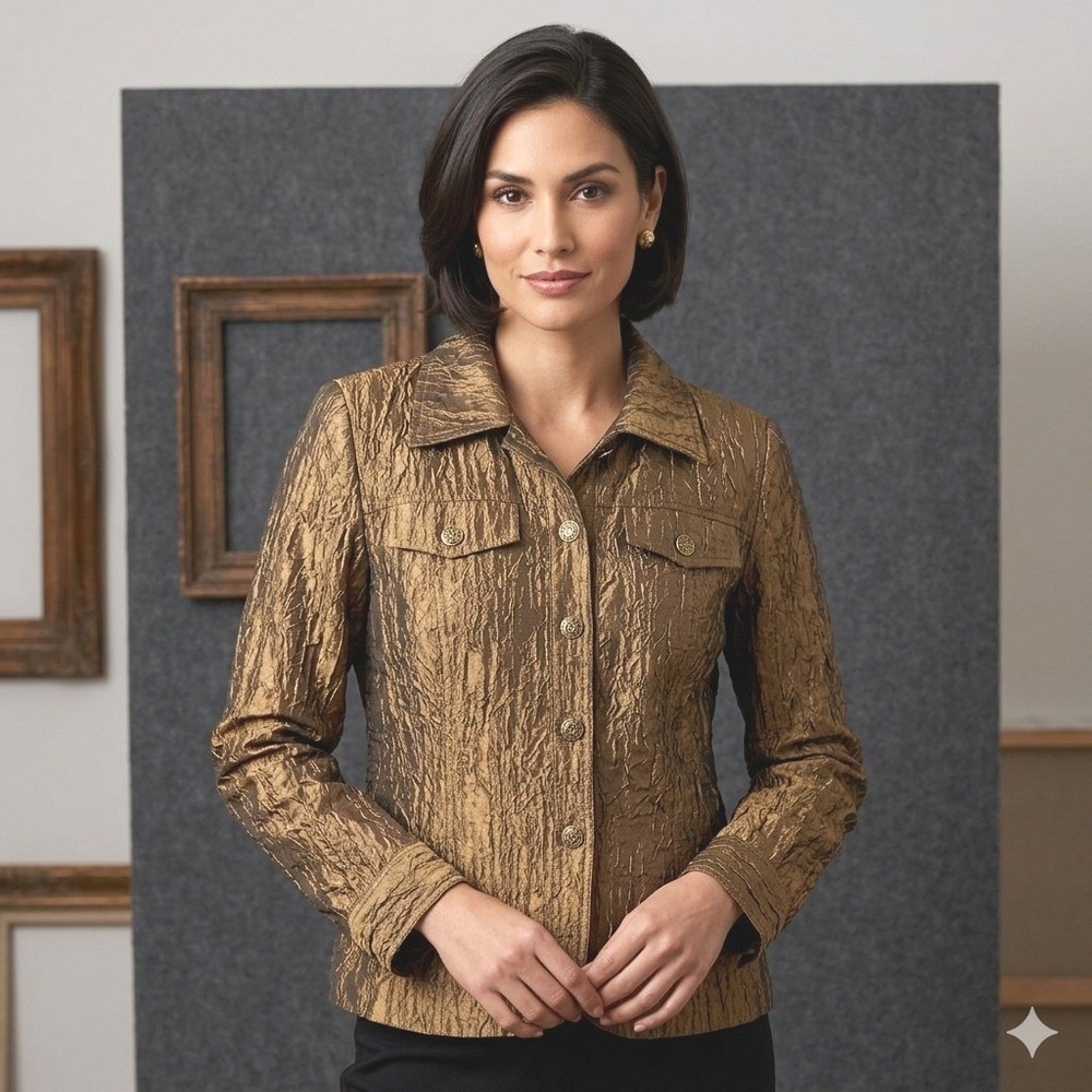 Erin London Womens Size Medium Gold Metallic Crinkle Jacket Art to Wear Textured